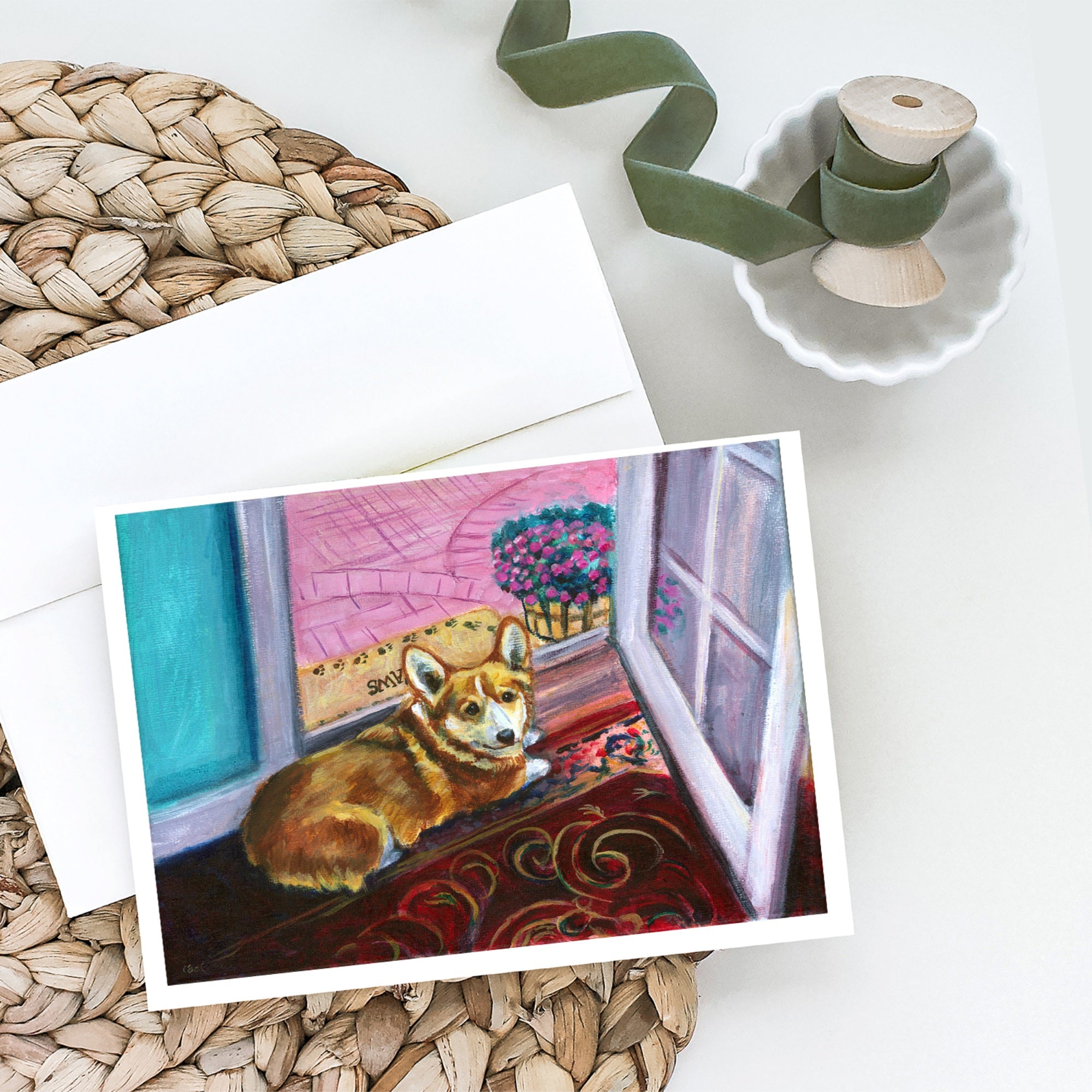 Corgi Watching From The Door Greeting Cards And Envelopes Pack Of 8
