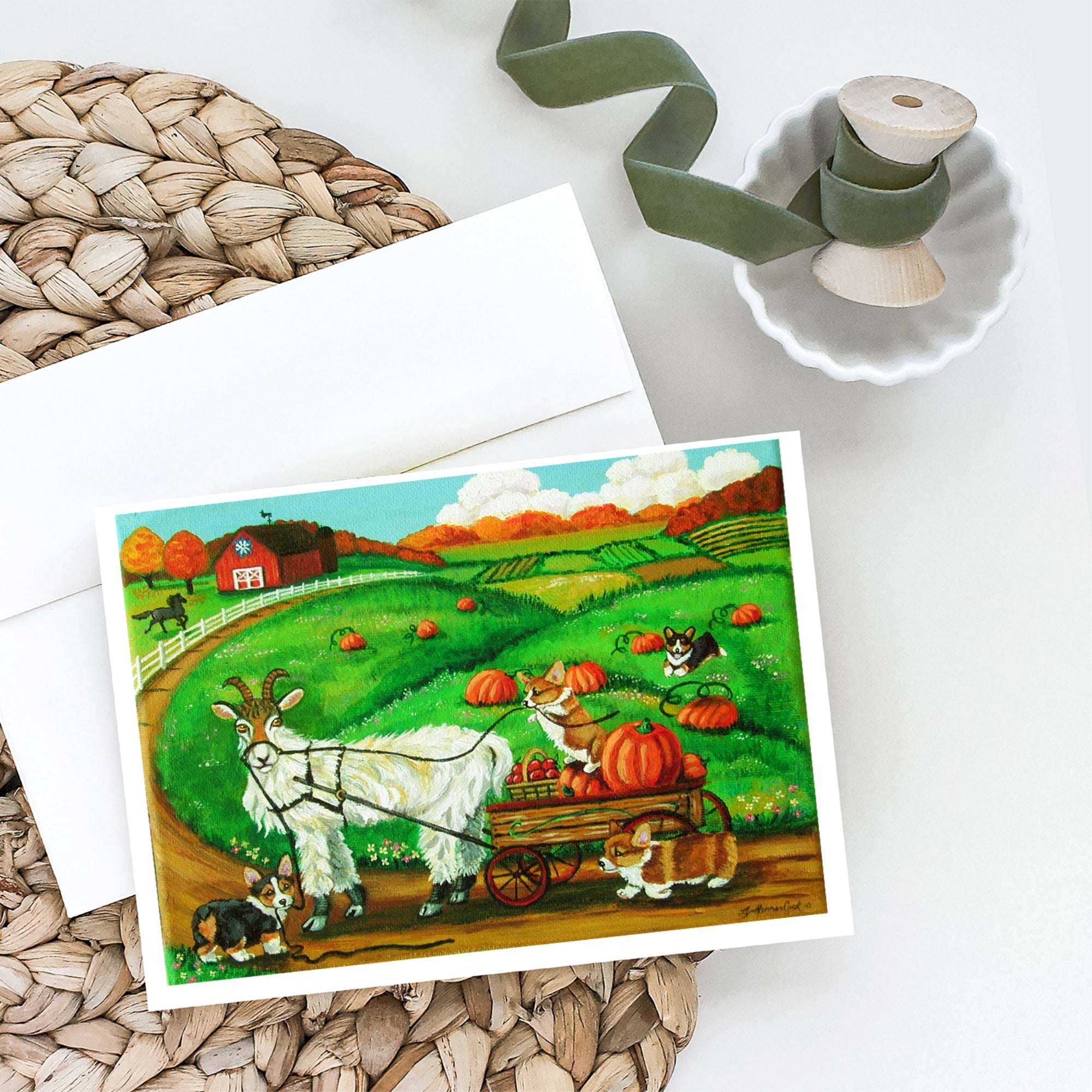 Corgi Pumpkin Ride With Goat Greeting Cards And Envelopes Pack Of 8