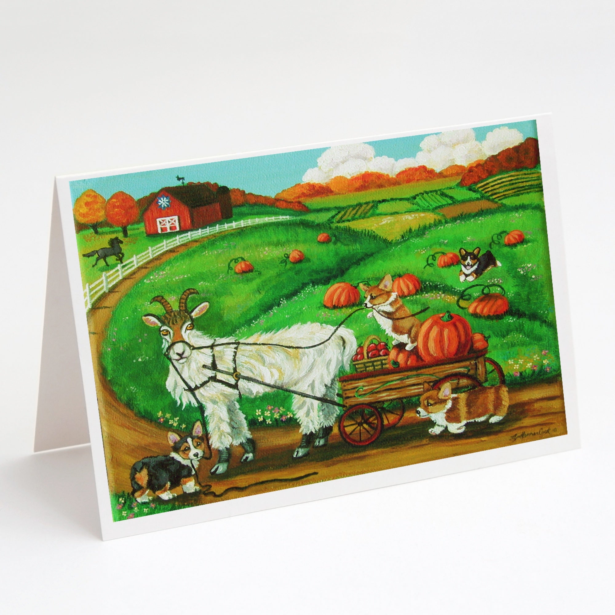 Corgi Pumpkin Ride With Goat Greeting Cards And Envelopes Pack Of 8