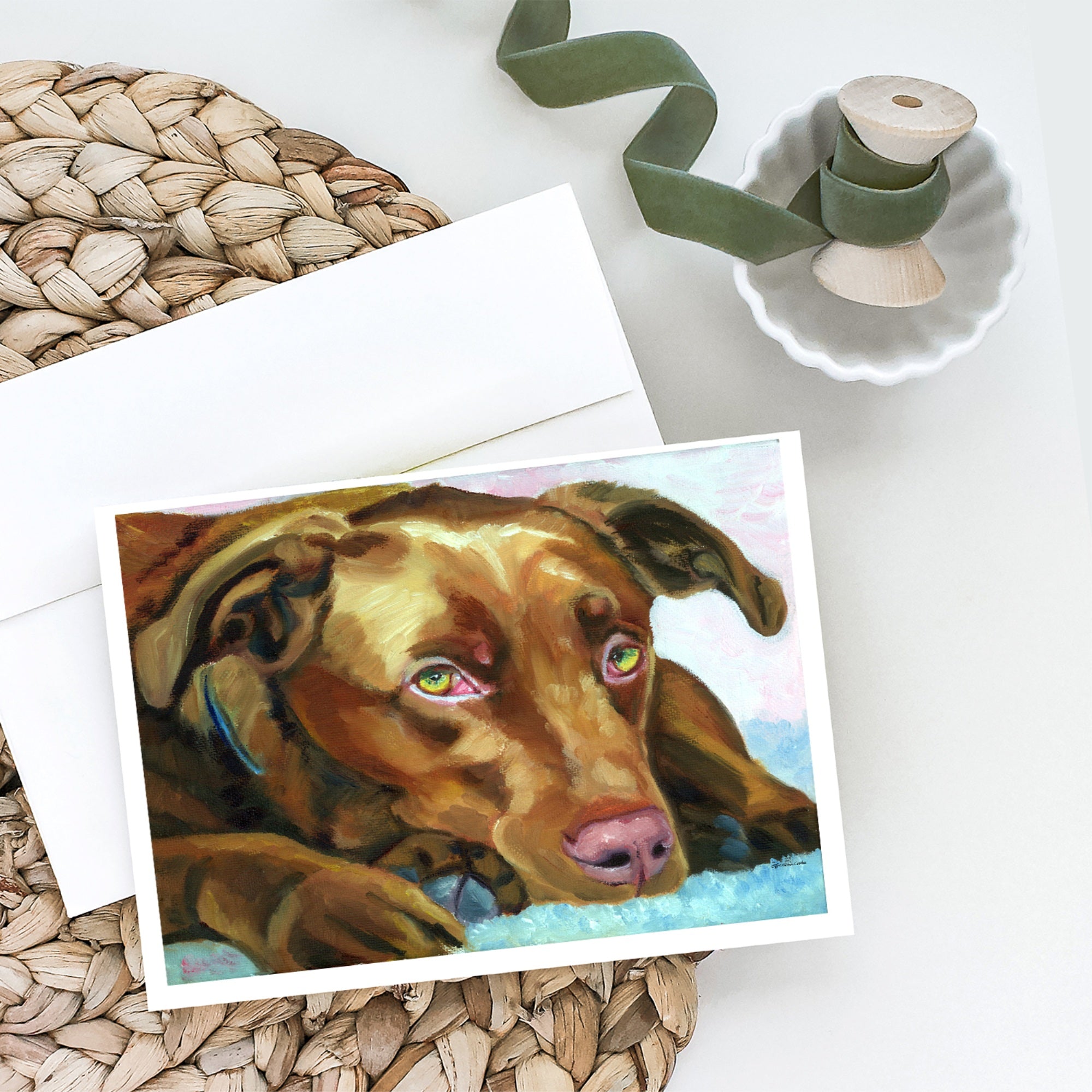 Chocolate Labrador Waiting Greeting Cards And Envelopes Pack Of 8