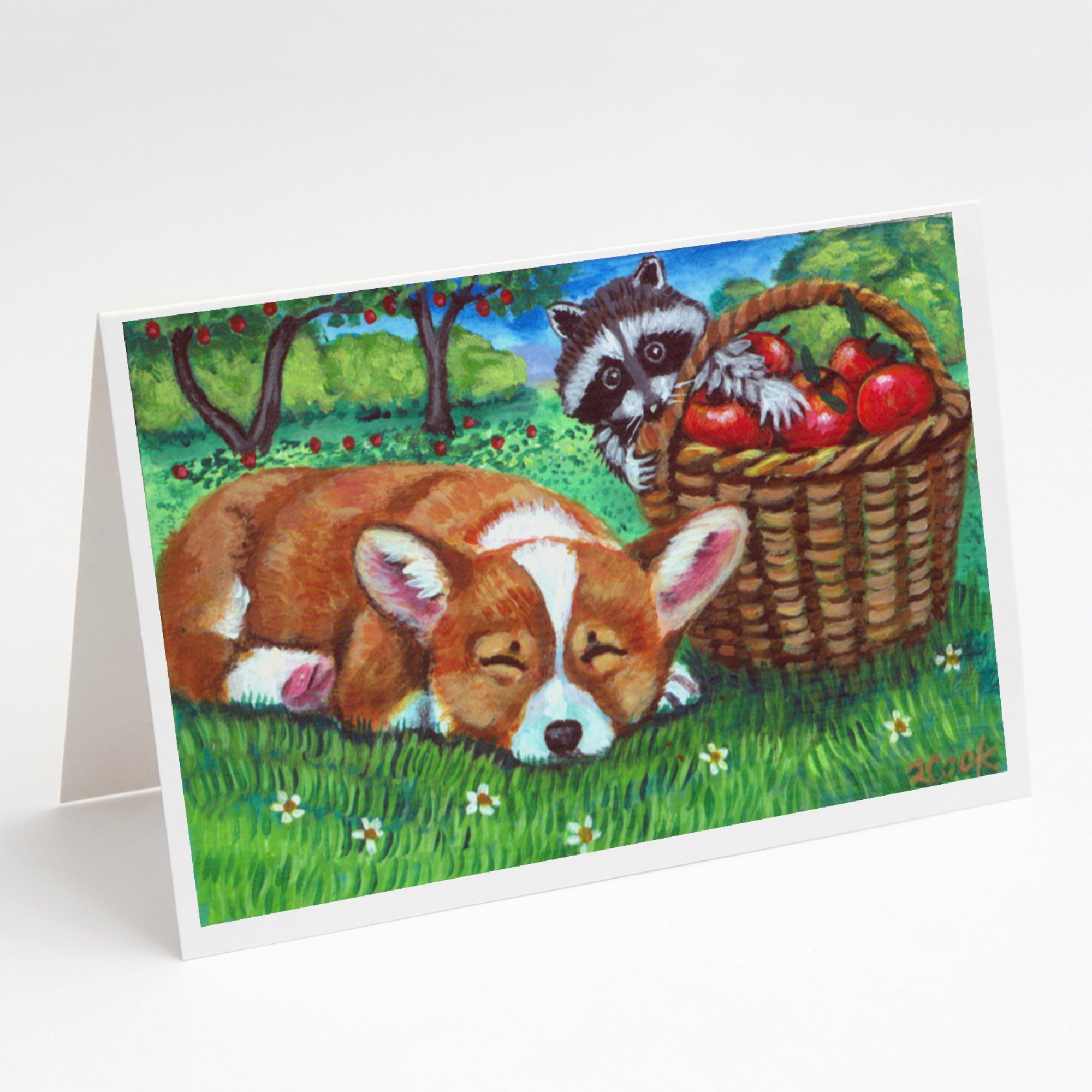 Corgi With The Racoon Apple Thief Greeting Cards And Envelopes Pack Of 8
