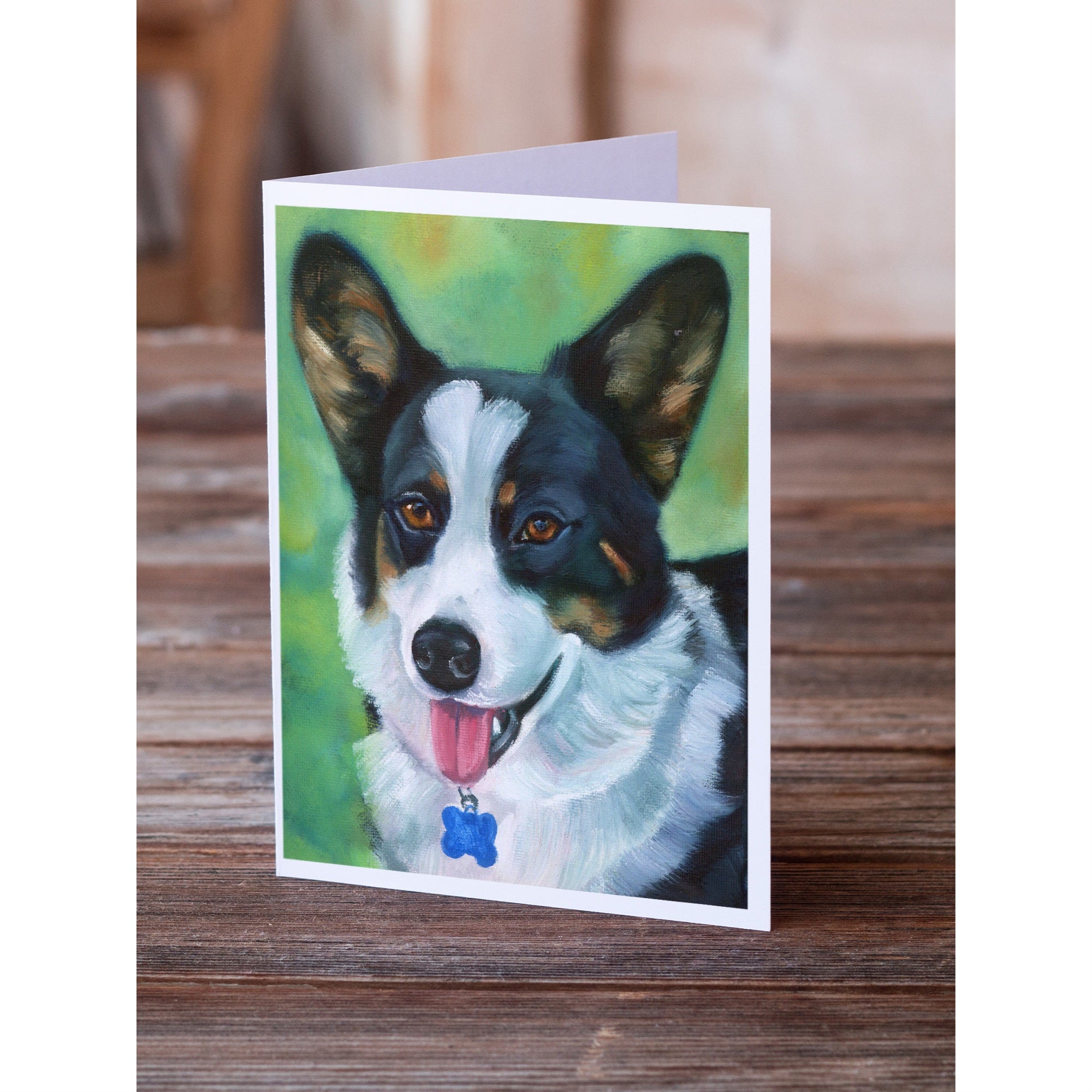 Corgi With Blue Tag Greeting Cards And Envelopes Pack Of 8