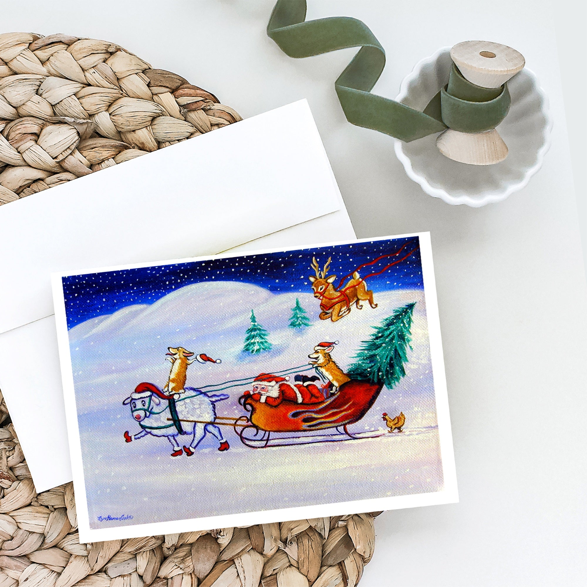 Corgi Highhacked Santa Claus Sleigh Greeting Cards And Envelopes Pack Of 8