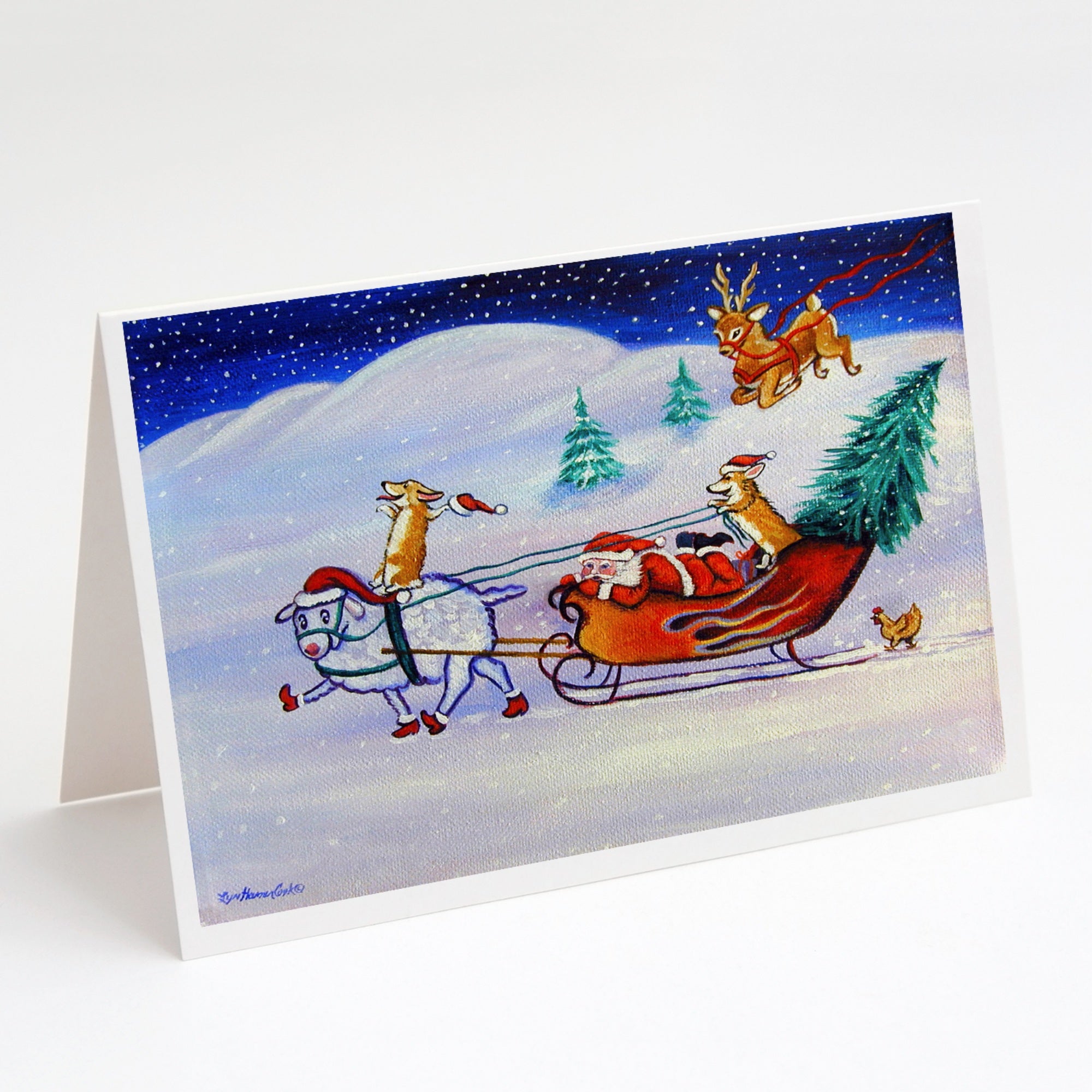 Corgi Highhacked Santa Claus Sleigh Greeting Cards And Envelopes Pack Of 8