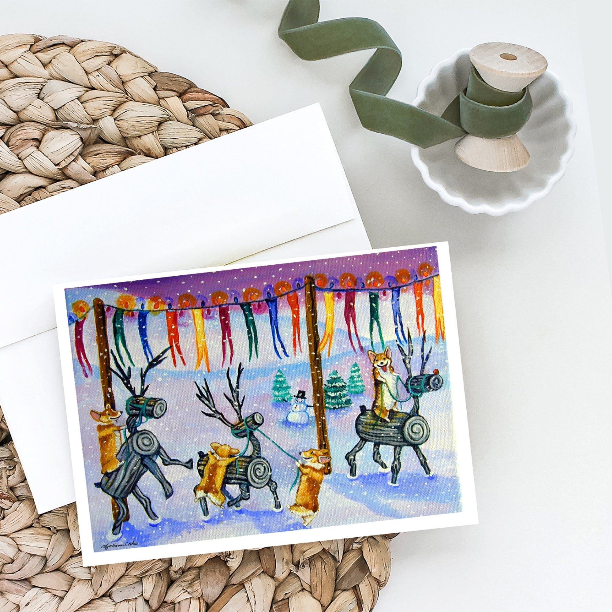 Corgi Log Reindeer Race Christmas Greeting Cards And Envelopes Pack Of 8