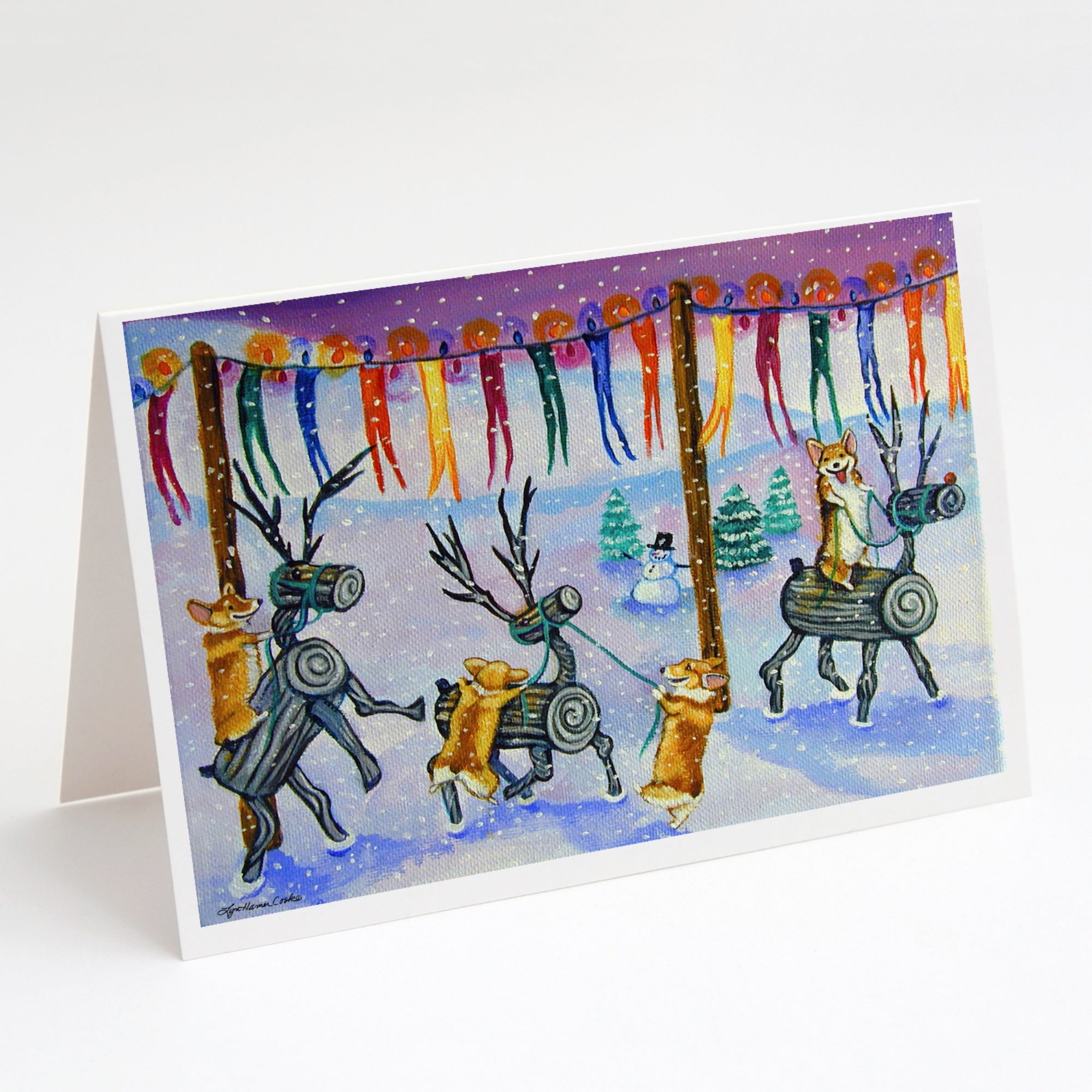 Corgi Log Reindeer Race Christmas Greeting Cards And Envelopes Pack Of 8