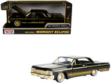 1964 Chevrolet Impala Lowrider Black with Gold Graphics and Wheels Midnight Eclipse Series 1/24 Diecast Model Car by Motormax