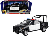 2019 RAM 1500 Laramie Crew Cab Pickup Truck with Bed Cage Black and White with Flashing Light Bar and Front and Rear Lights and 
