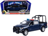 2019 RAM 1500 Laramie Crew Cab Pickup Truck with Bed Cage Dark Blue with Flashing Light Bar and Front and Rear Lights and Sounds