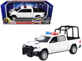 2019 RAM 1500 Laramie Crew Cab Pickup Truck with Bed Cage White with Flashing Light Bar and Front and Rear Lights and Sounds 1/2