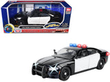 2023 Dodge Charger Pursuit Police Car Black and White with Flashing Light Bar Front and Rear Lights and 2 Sounds Builders Kit