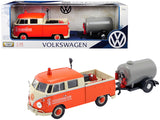 Volkswagen Type 2 (T1) Pickup Truck Orange and Cream with Oil Trailer Road Service 1/24 Diecast Model Car by Motormax