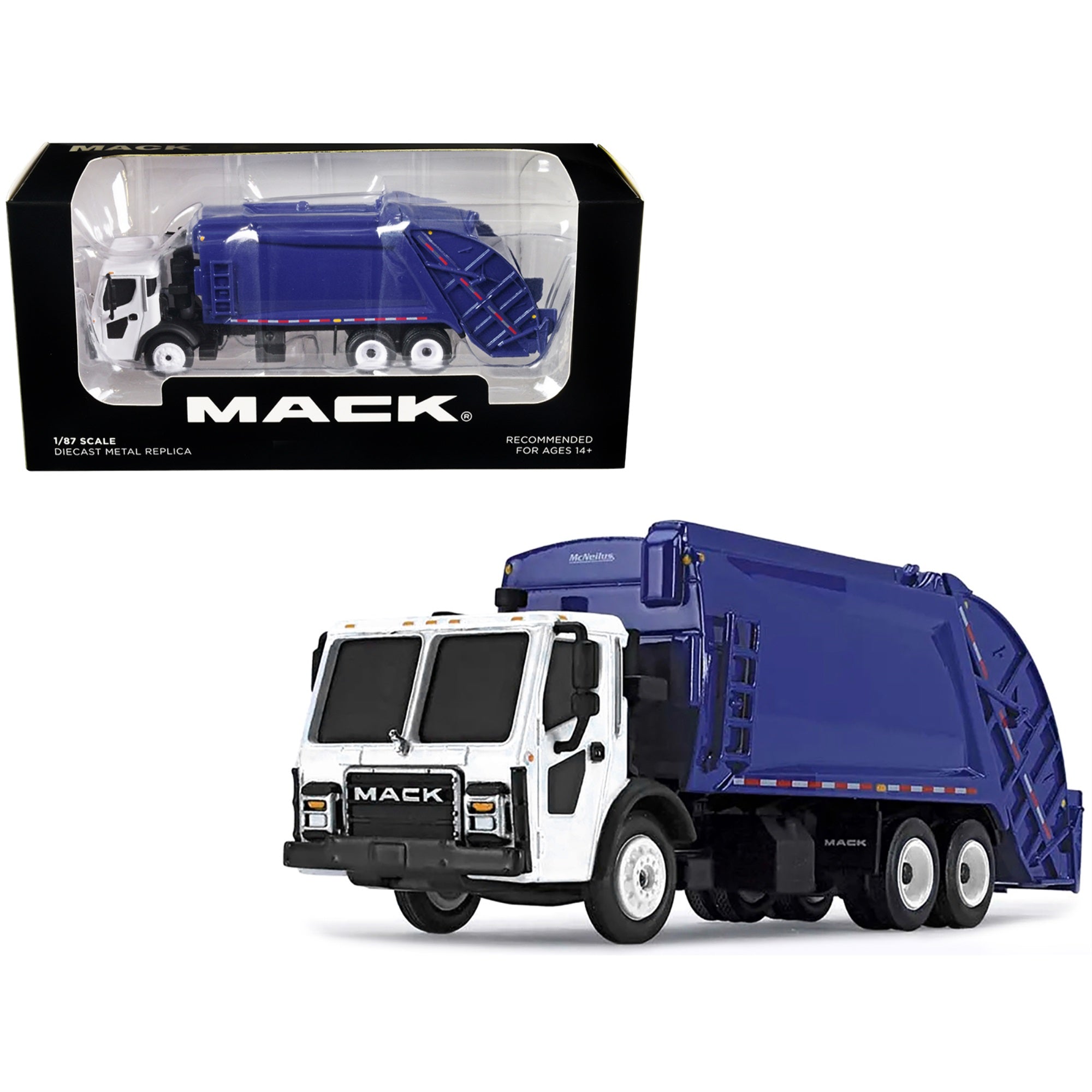 Mack Lr With Mcneilus Rear Load Refuse Body Blue And White 1/87 (Ho) Diecast Model By First Gear