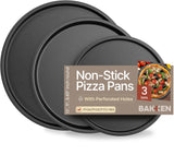BAKKENMASTER Bakken Swiss Pizza Tray Set 3-Piece - Gray Coating, Non-Stick, Round Steel Pizza Pans - Dishwasher Safe, Premium Ba