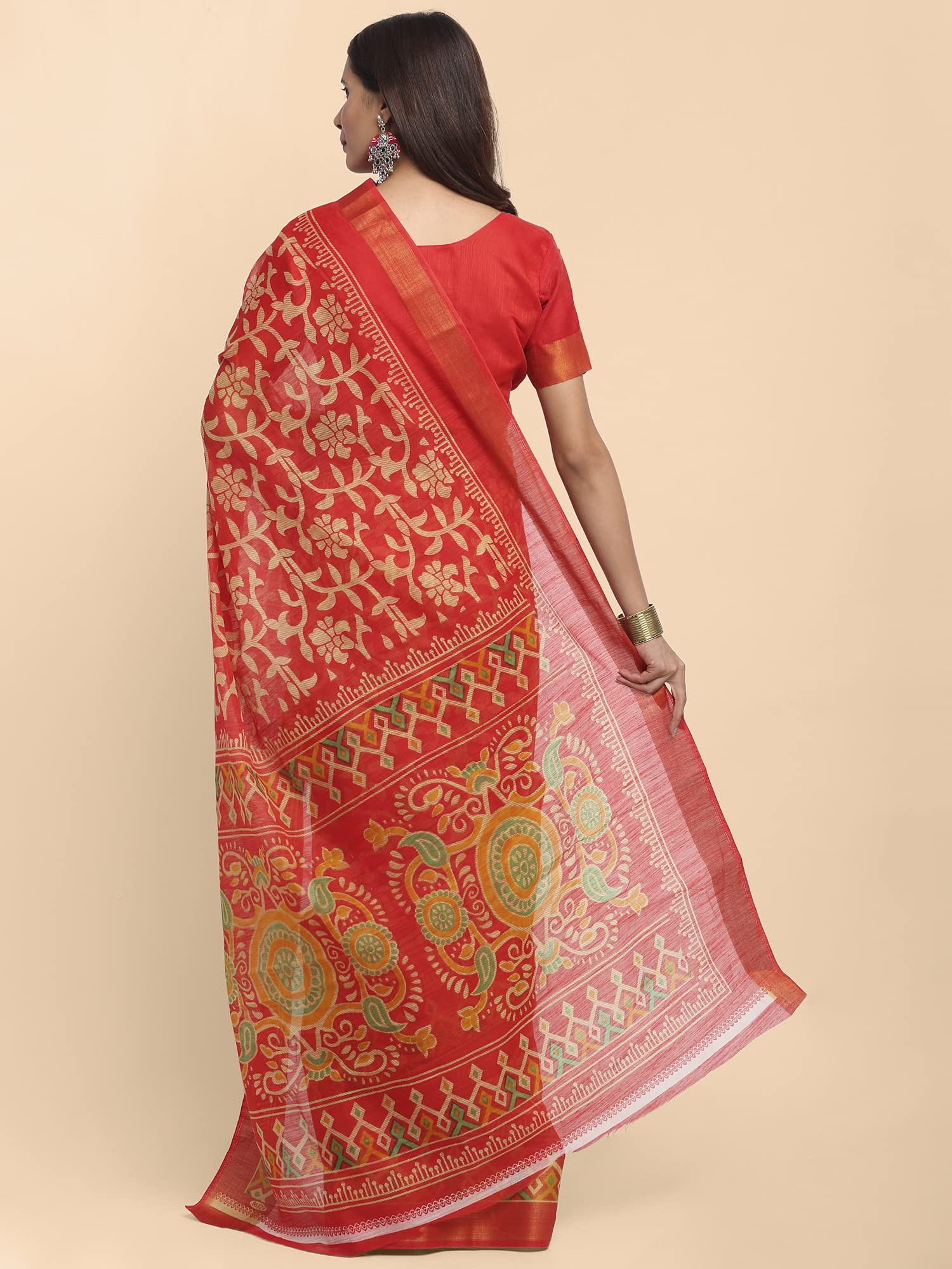 Anni Designer Women'S Linen Cotton Printed Saree With Blouse Piece (Kauri Red_Red),Red,Free,Linen Cotton,Printed,With Blouse Piece