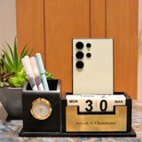 GENIYO Personalise Pen Stand For Office Table, Desk Organizer With Wooden Calendar, Pen Stand, Mobile Holder For Home And Office