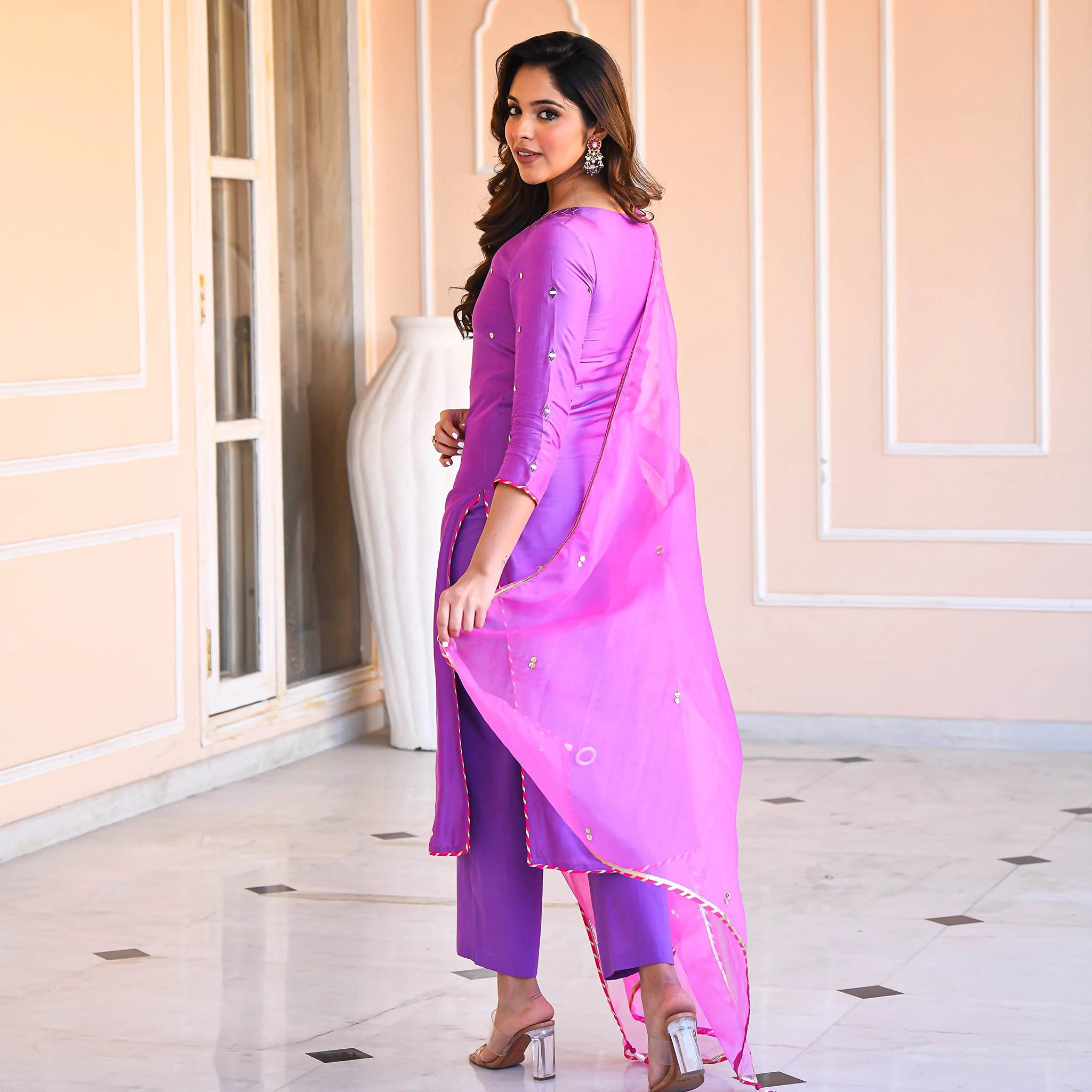 Anni Designer Women'S Cotton Blend Mirror Work Straight Kurta With Pant & Dupatta (Mirror-Purple_Xxl_Purple_Xx-Large),Purple,2XL,Cotton Blend,Regular,Dupatta