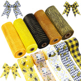 Woanger 10 Rolls Bee Ribbon Including 5 Rolls Decor Mesh Ribbon 5 Rolls Wired Edge Ribbon Spring Summer Metallic Foil Mesh Ribbo
