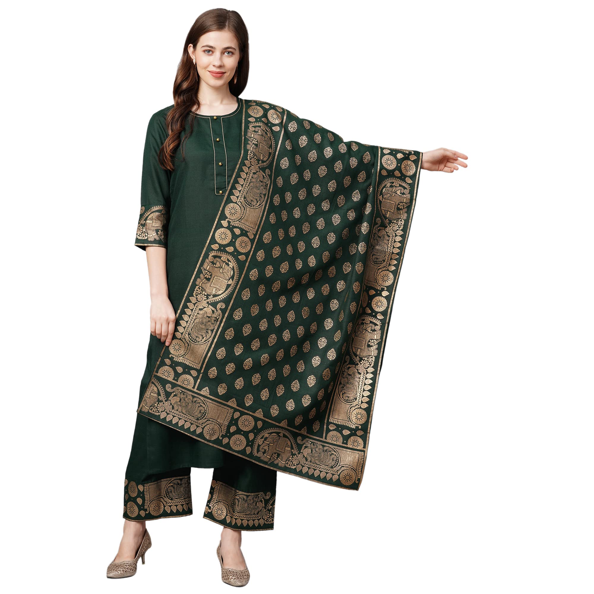 Gosriki Women'S Cotton Straight Kurta With Palazzo & Dupatta (Kpzd-Cot-10098-Green_Xxl-Go_Green_Xx-Large),Green,2,B09P658VKM