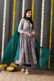 Anni Designer Women'S Cotton Blend Anarkali Printed Kurta With Pant & Dupatta (Toki White_Xl_White_X-Large),White,XL,,,