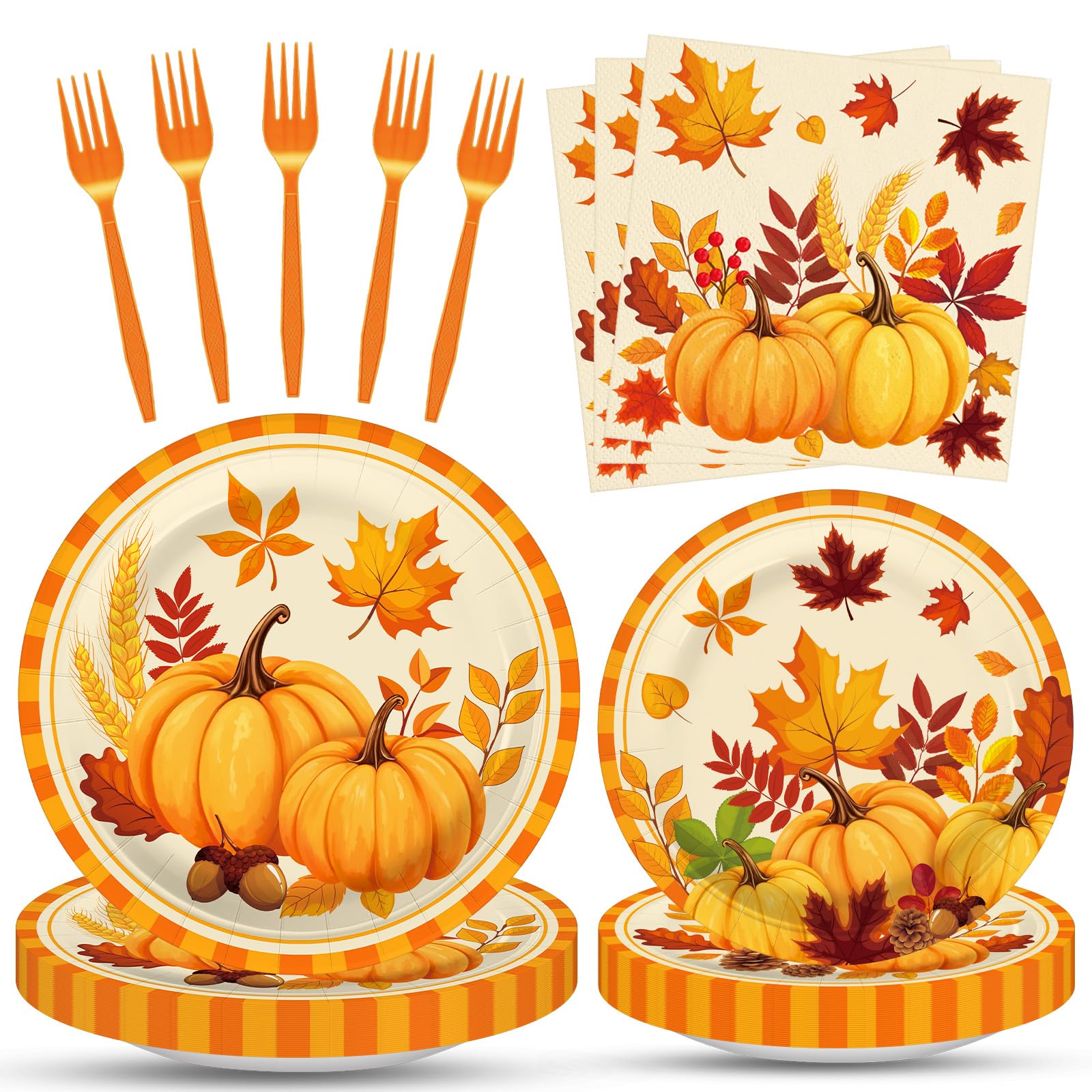100 Pcs Fall Pumpkin Leaves Tableware Party Supplies Set, Serves 25 - Disposable Autumn Harvest Paper Plates, Napkins, and Forks