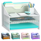 Samstar White Desk File Organizer, Mesh Letter File Folder Holder with 3 Paper Trays and 2 Vertical Upright Section, for Office 