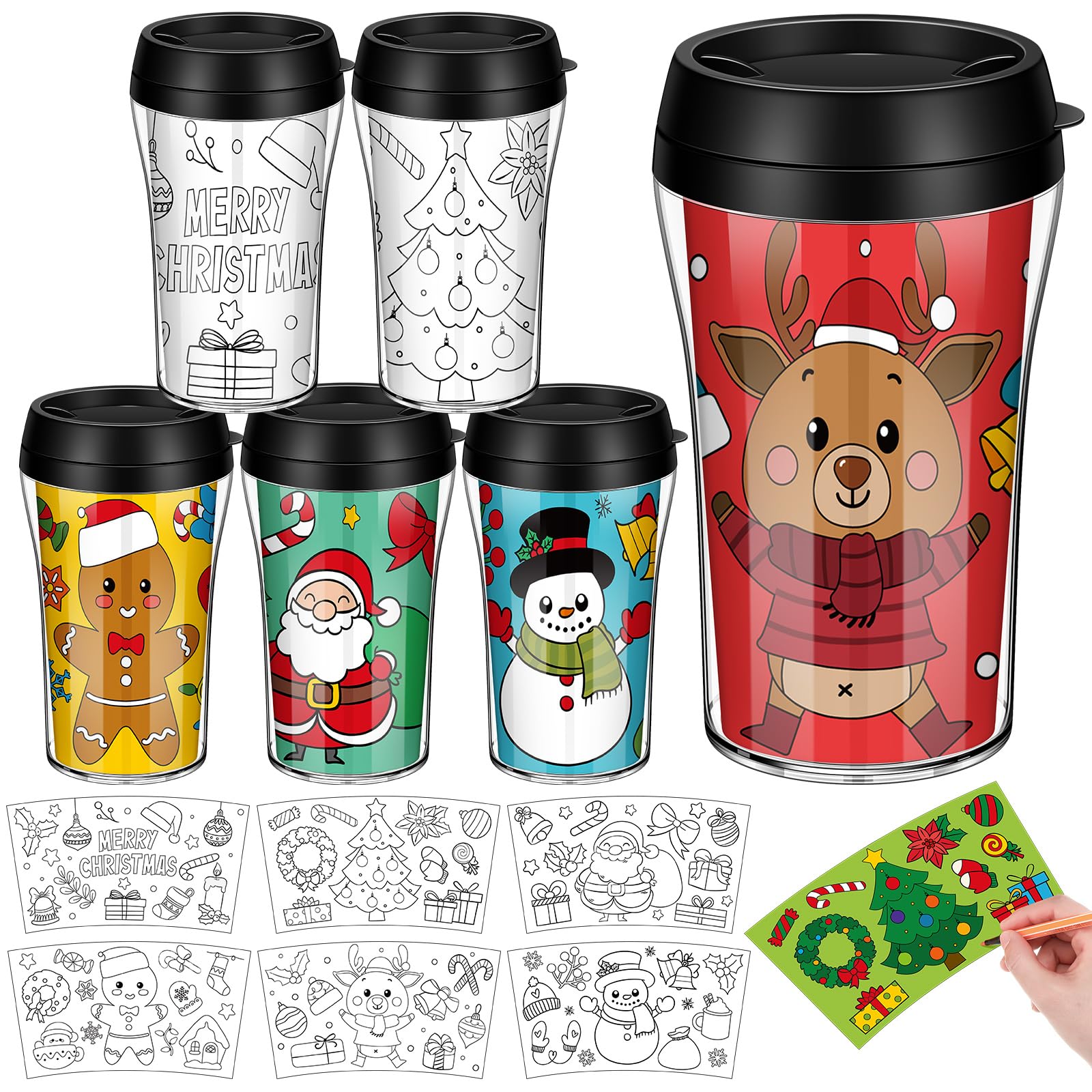 Yiyiring Set of 12 Christmas DIY Color Your Own Cups 10 oz Coloring Cups for Kids Color Your Own Plastic Mugs for Kids Party Fav