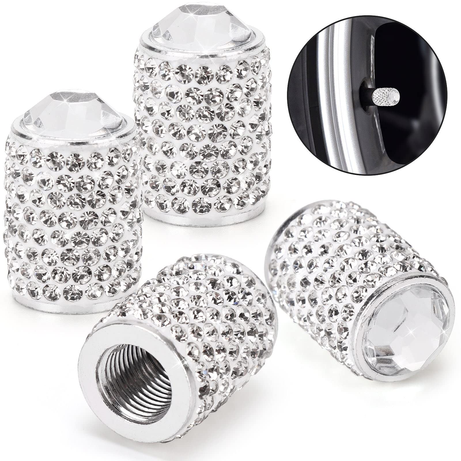 Tobequeen Bling Tire Valve Caps, 4 Pack Handmade Crystal Rhinestone Tire Caps Universal Bling Car Accessories For Women Dustproo