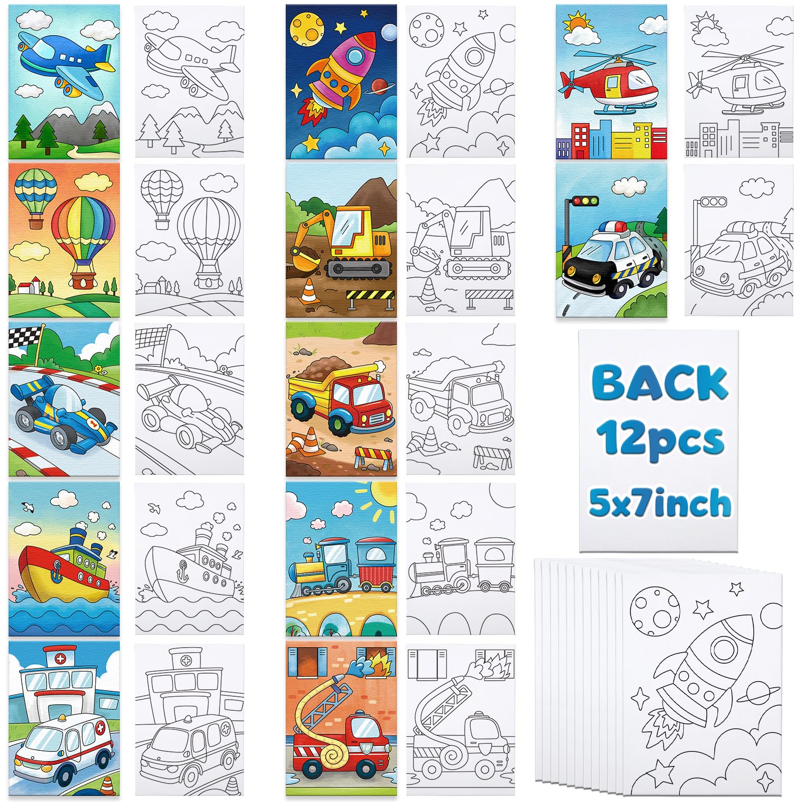 Louise Maelys Pre Drawn Canvas to Paint for Kids - 12 Pack Transportation Theme Pre-Stretched Canvas Panels (5x7 inch) Easy Pain