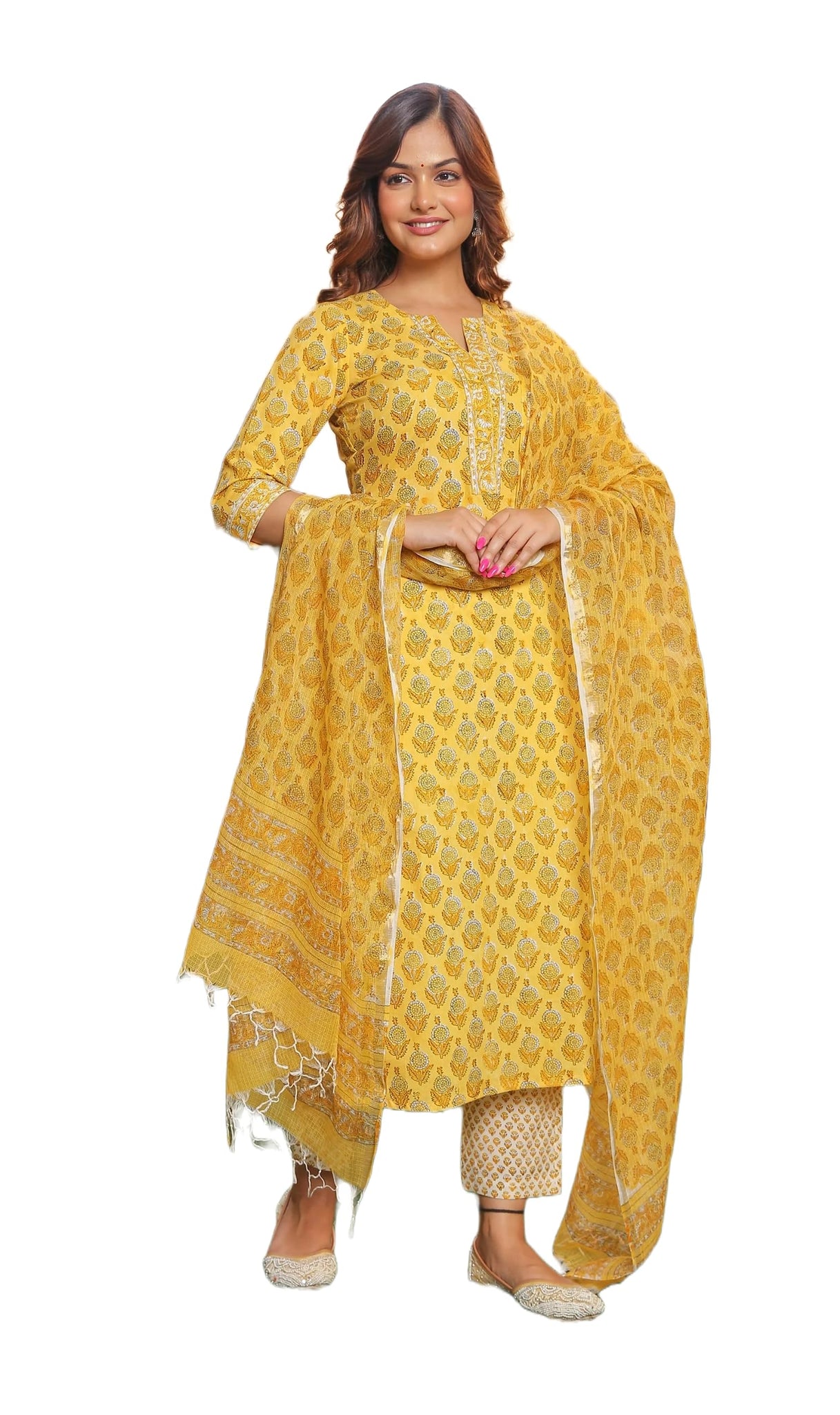 Alvami Viscose Women Printed Straight Kurta Pant with Dupatta Set, Yellow