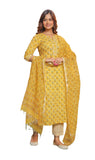 Alvami Viscose Women Printed Straight Kurta Pant with Dupatta Set, Yellow