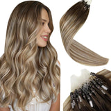 LaaVoo Microlink Hair Extensions Human Hair Ombre Balayage Micro Beads Hair Extensions Dark Brown Mix Ash Brown Silky Straight M