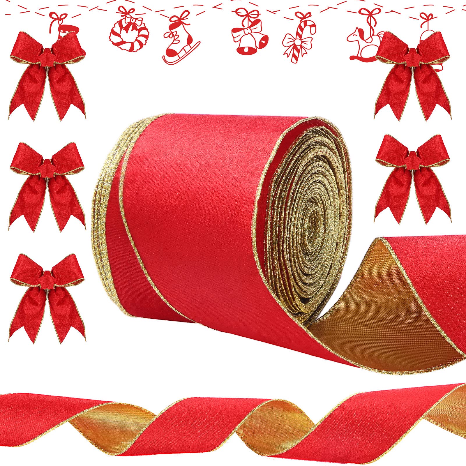 Syhood Christmas Wired Velvet Ribbon with Gold Edge Waterproof Wrapping Velvet Decoration Ribbon for Xmas Wreath Bows Floral Cra