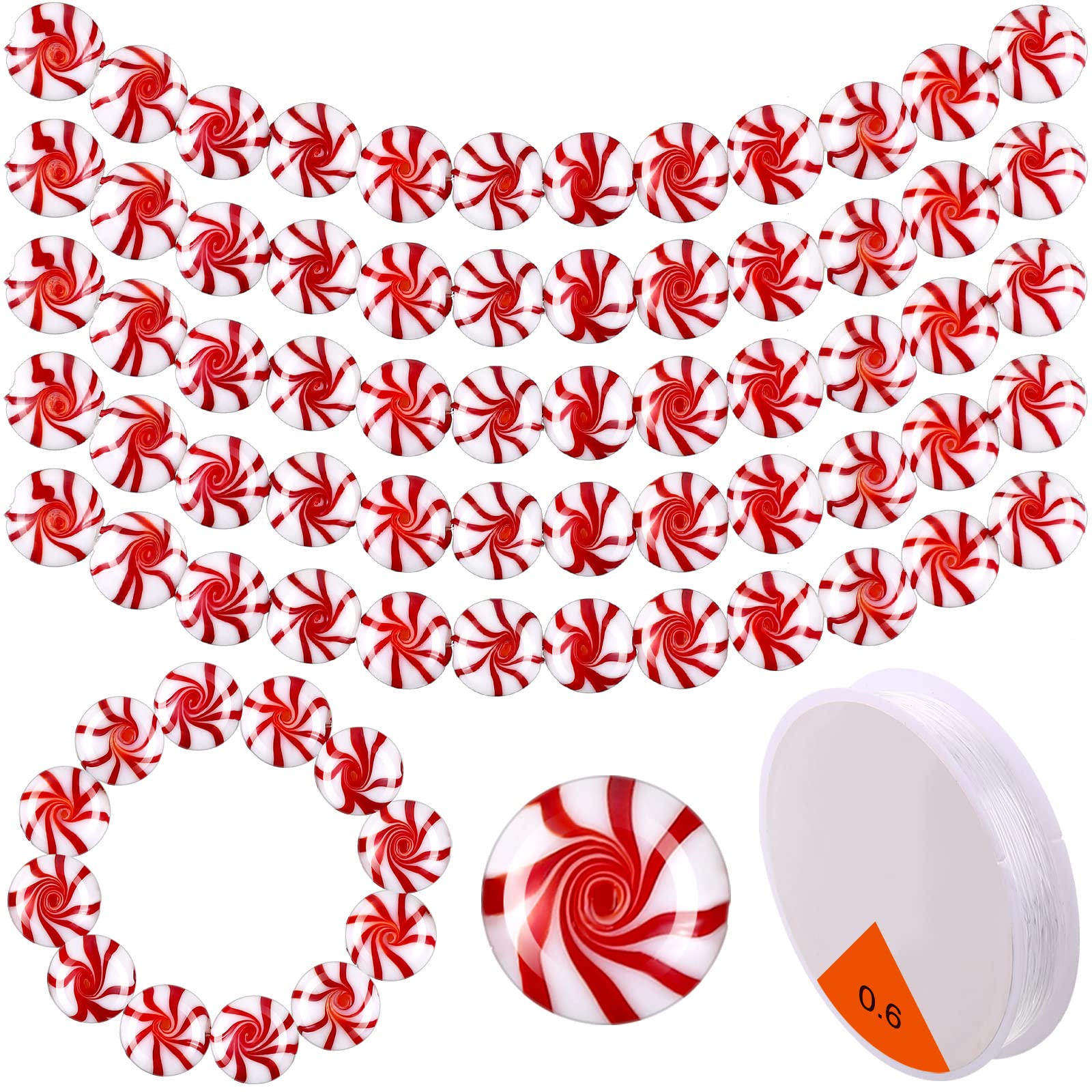 Yinkin 60 Pcs Christmas Glass Peppermint Candy Beads Tree Hanging Candy Cane Ornament for Holiday Jewelry Making with Stretch Be