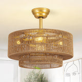 Boho Caged Fandelier with Lights Flush Mount Rattan Ceiling Fan with Lights and Remote Control, Enclosed 6 Speeds Low Profile Fa