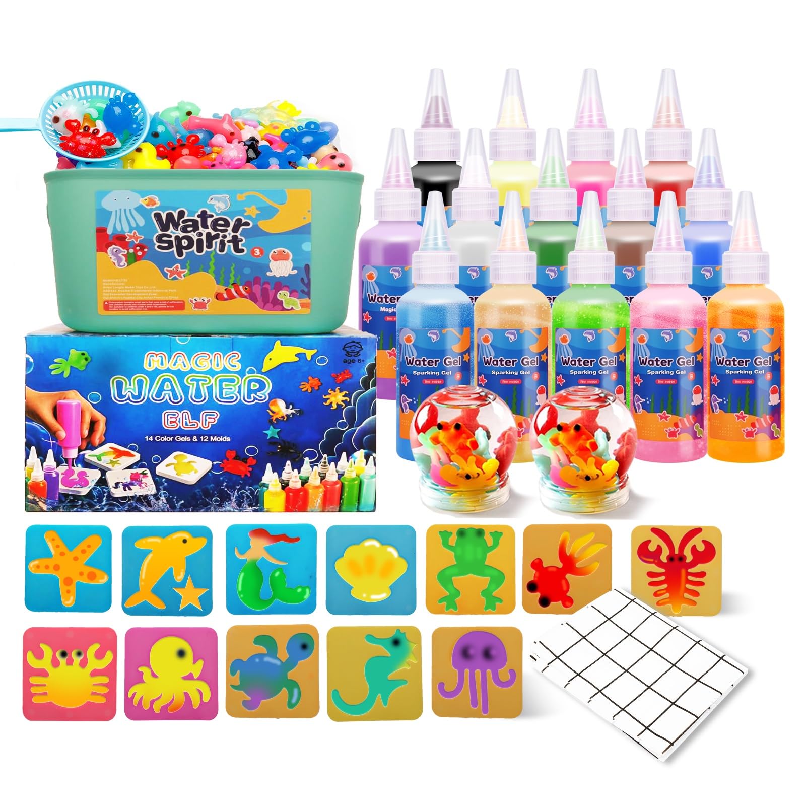 Magic Water Elf Toy Kit with Tablecloth - Aqua Fairy Water Gel Kit for Kids, 14 Magic Gels + 12 Molds, Create Squishy Water Pets
