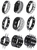 Hicarer 9 Pieces Spiked Studded Bracelet Black Leather Rivet Punk Bracelet Cuff Wrap Bangle Snap Button Metal Wristband for Men 
