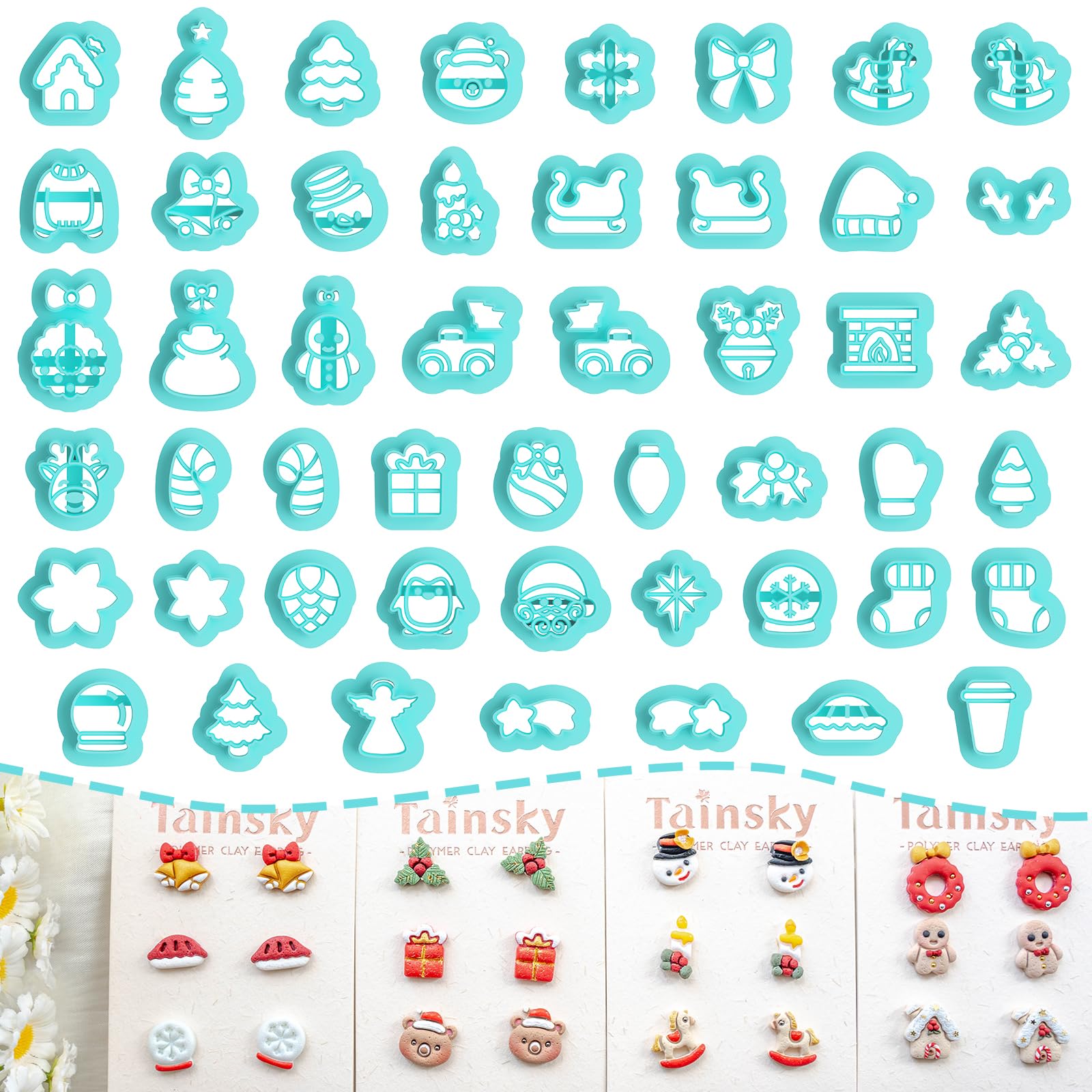 Tainsky 49 Shapes Christmas Studs Clay Earrings Cutters, Christmas Tree Polymer Clay Cutters for Polymer Clay Jewelry