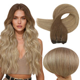 Full Shine Sew In Hair Extensions, 22 Inch 105G Remy Real Human Hair, Ombre Dark Blonde To Light Blonde, Straight Invisible Weft