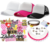 HEYTRCO 46PCS DIY Trucker Hat Kit, 3 Mesh Foam Hats with Iron-On Embroiederd & Sequin Patches, Hat Pins, Hat Chains, 8-Color Mar