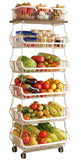 MURRI&MURRDI Fruit Vegetable Storage Basket with Wooden Lid, 6 Tier Stackable Storage Baskets with Wheels Produce Basket Organiz