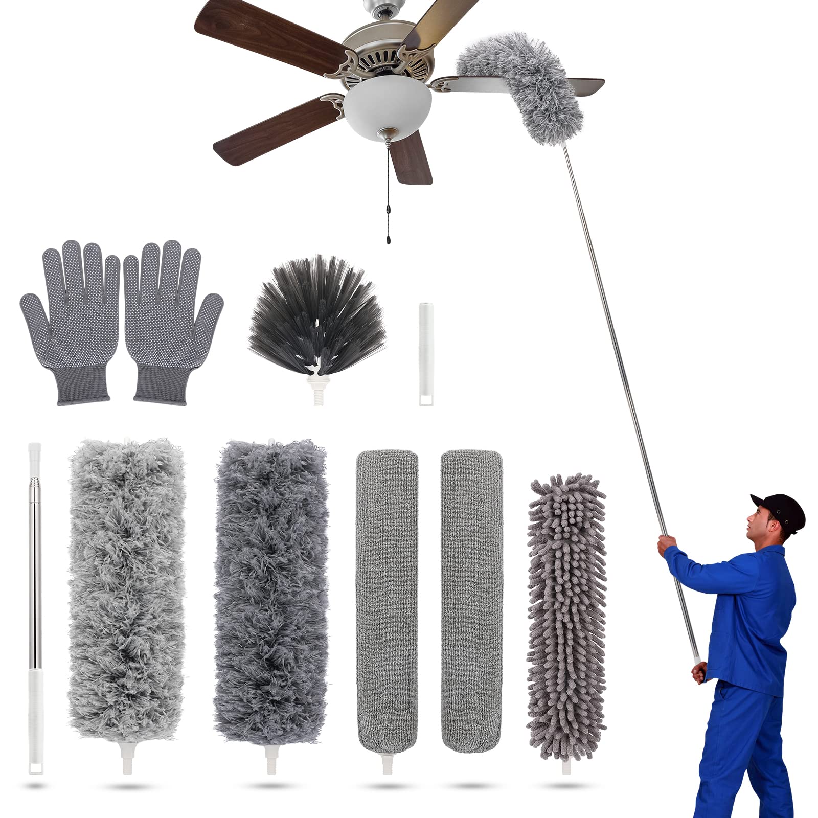 Duster with Extension Pole for Cleaning Ceiling Fans, High Ceilings, in Addition, Dusters for Cleaning Can Also Be Used for Low 