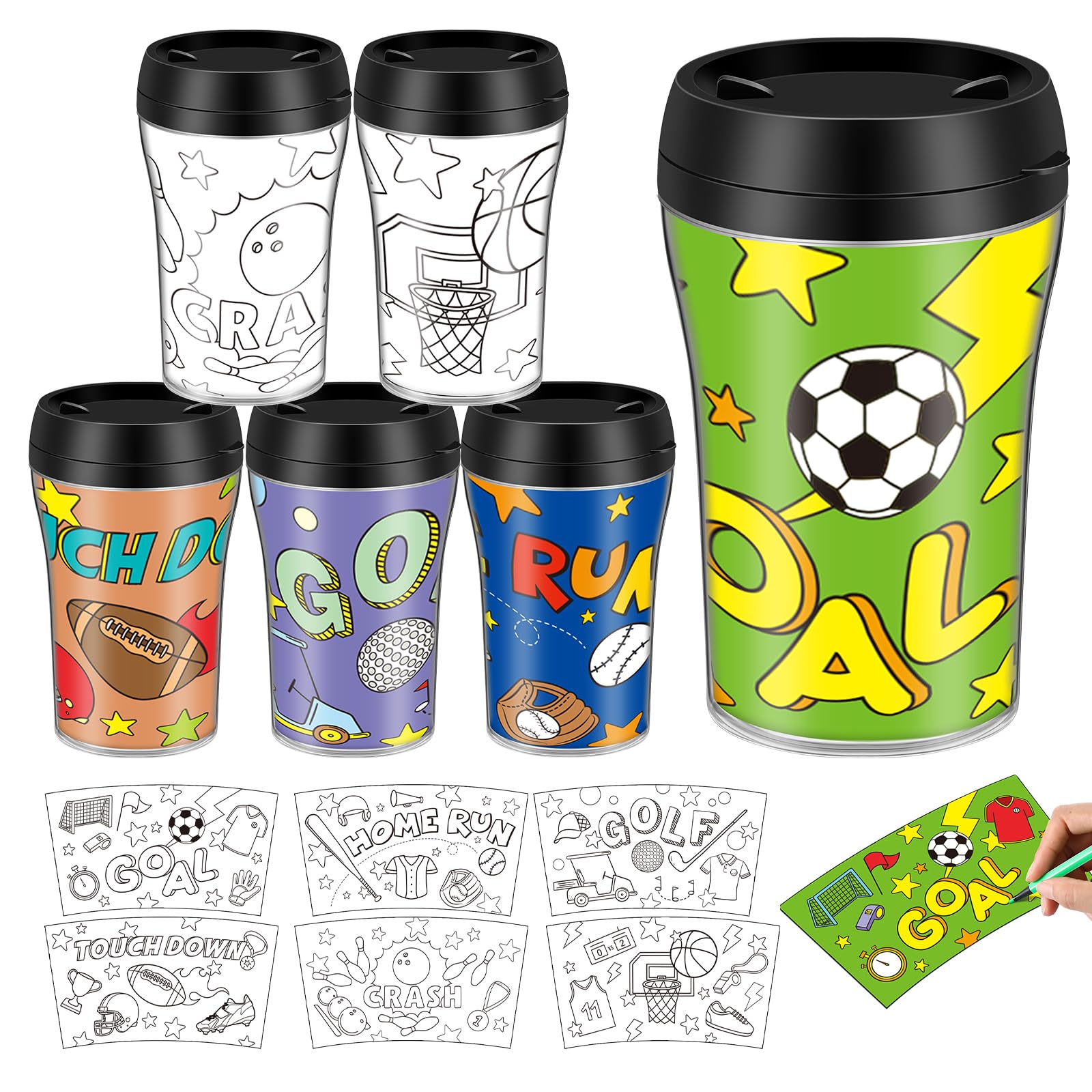 Yiyiring Set of 12 Sports Ball DIY Color Your Own Cups 10 oz Football Baseball Golf Basketball Bowling Soccer Coloring Cups Colo