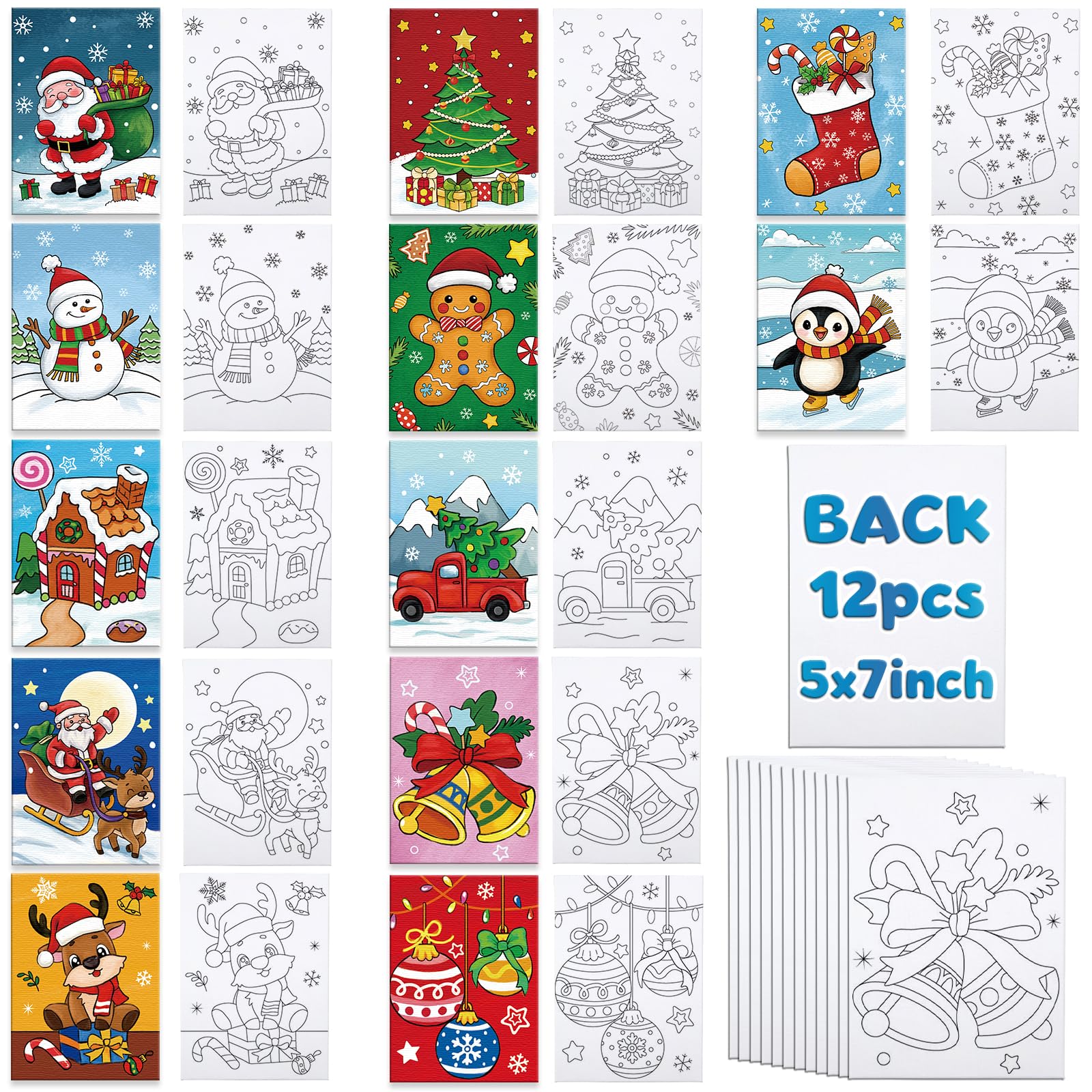 Louise Maelys Pre Drawn Canvas to Paint for Kids - 12 Pack Christmas Theme Pre-Stretched Canvas Panels (5x7 inch) Easy Paint Art