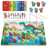 Mailuren Wooden Dinosaur Magnetic Fishing Game for Toddlers Ages 3-5 with 2 Pods, ABC Alphabet Learning Toy with Spelling Cards,