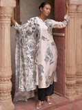 Libas Womens Printed Silk Blend Straight Kurta With Trousers And Dupatta Monochrome M