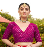 Pujia Mills Womens Fancy Readymade Half Sleeve Sequins Saree Blouse (Rani, 36)