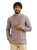Manyavar Men's Cotton Blend Digital Print Short Kurta (Peach,L)