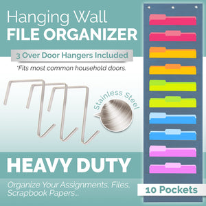 Hippo Creation Blue Pocket Chart for Classroom - 10 Pocket Storage Black Pocket Charts, 3 Over Door Hangers Included, Hanging Wa