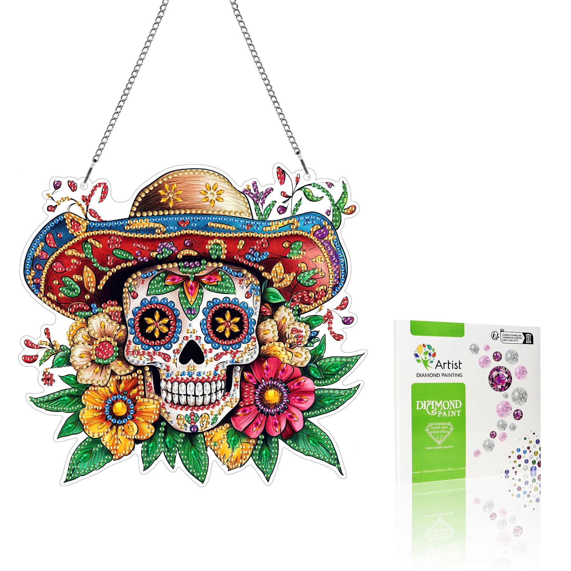 VAIIEYO Skull Diamond Art Hanging Ornament, Flower Diamond Painting Suncatchers Window Hanging Kit with Chain, 7.5x7.5 inch Crys